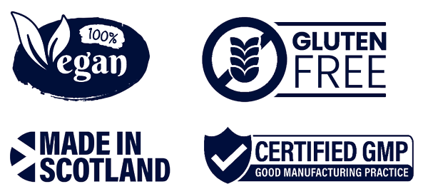 Three white supplement bottles with ingredients in bowls above.