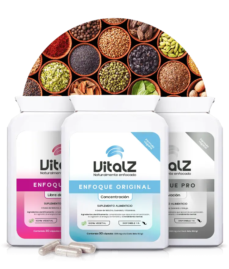 Three white supplement bottles with ingredients in bowls above.